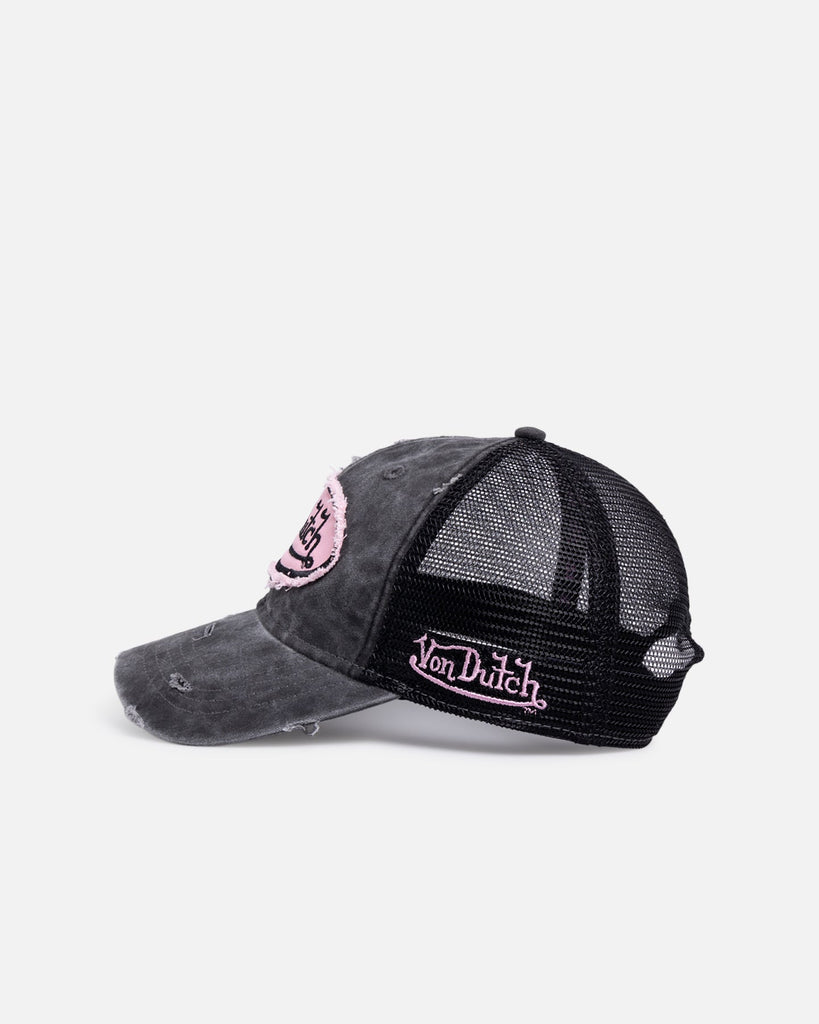 Von Dutch Distressed Trucker Hat - Black/Pink, back view