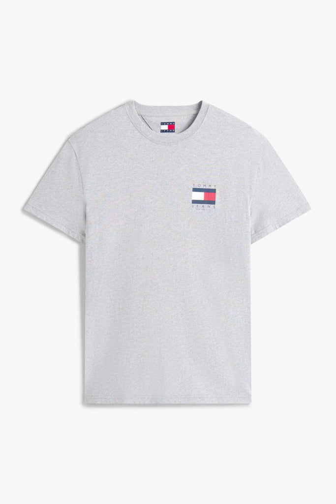 Gray t-shirt with a small logo on a white background