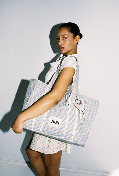 Juni The Everything Bag Blue Check - side view