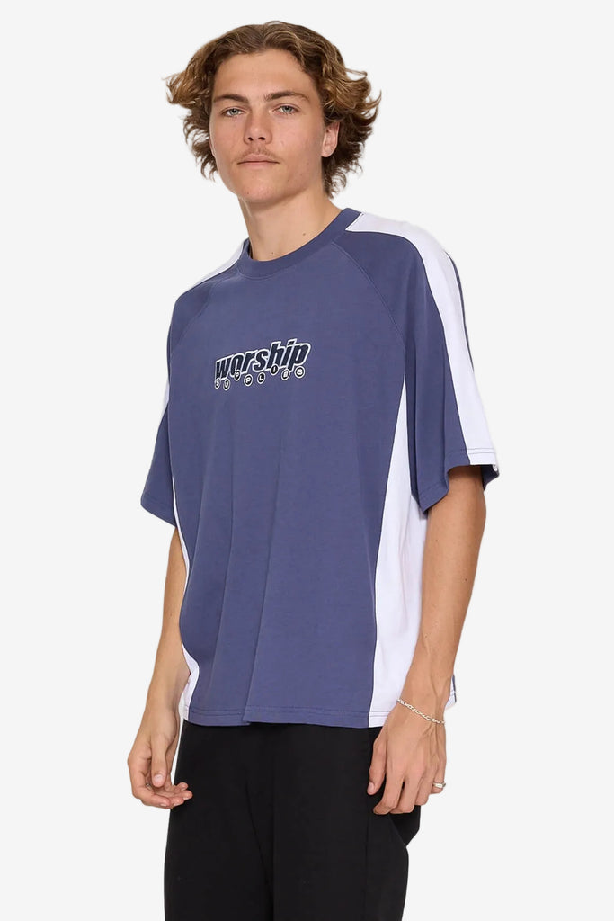 Line Stepper Box Crop Raglan Tee - Crown Blue