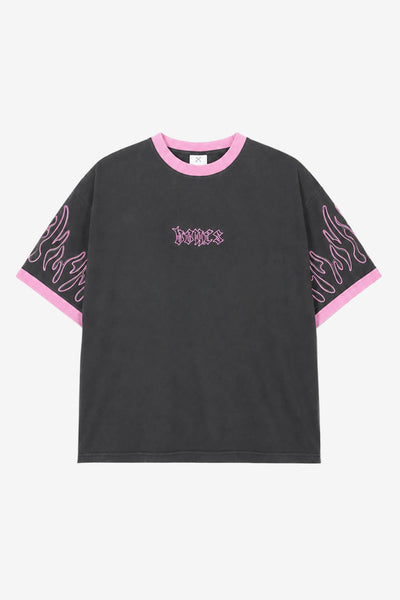 Billy Bones Club Flamed Steeze Ringer Tee - Washed Black/Pink