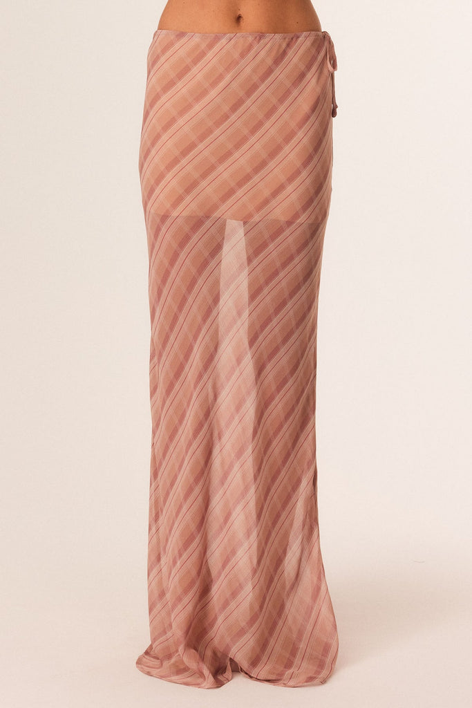 SNDYS THE LABEL Tai Maxi Skirt - Mocha Plaid worn