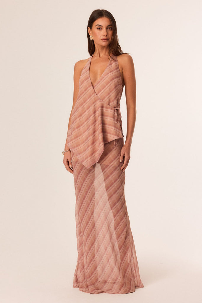SNDYS THE LABEL Tai Maxi Skirt - Mocha Plaid side view