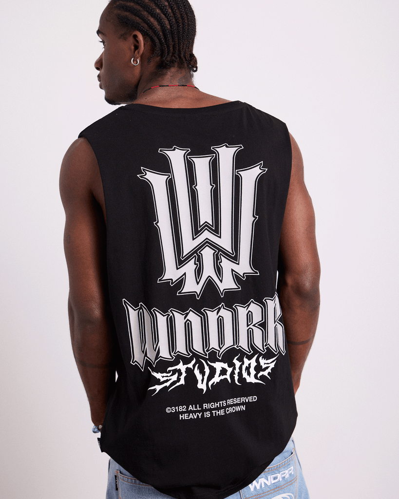 WNDRR Tagged Muscle Tank Black on model (placeholder)