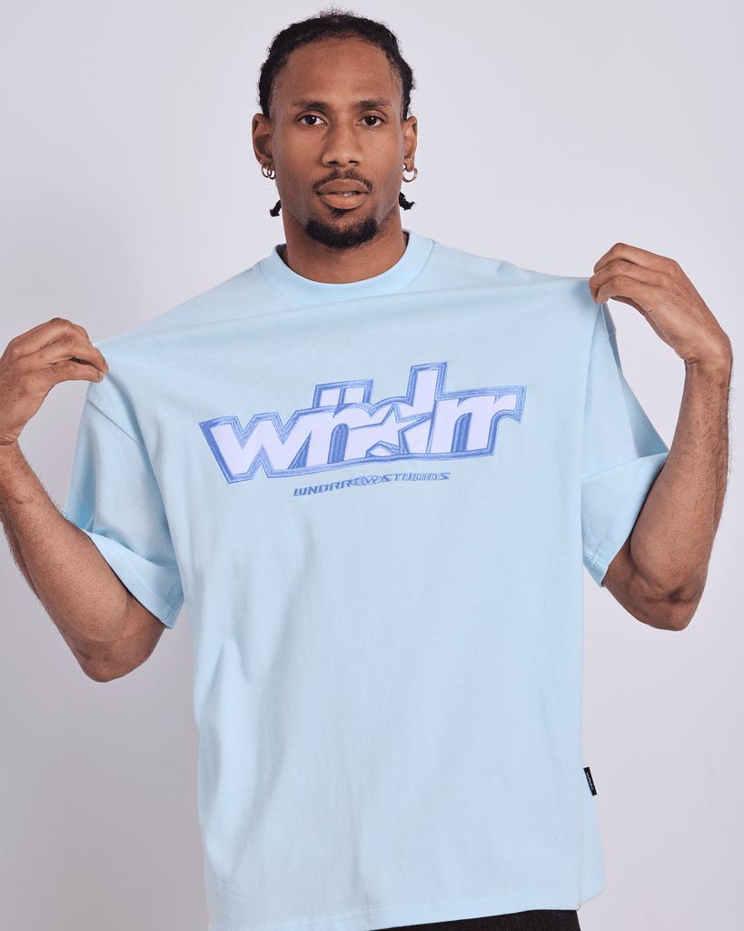 WNDRR Five Point Heavy Weight Tee Baby Blue on model