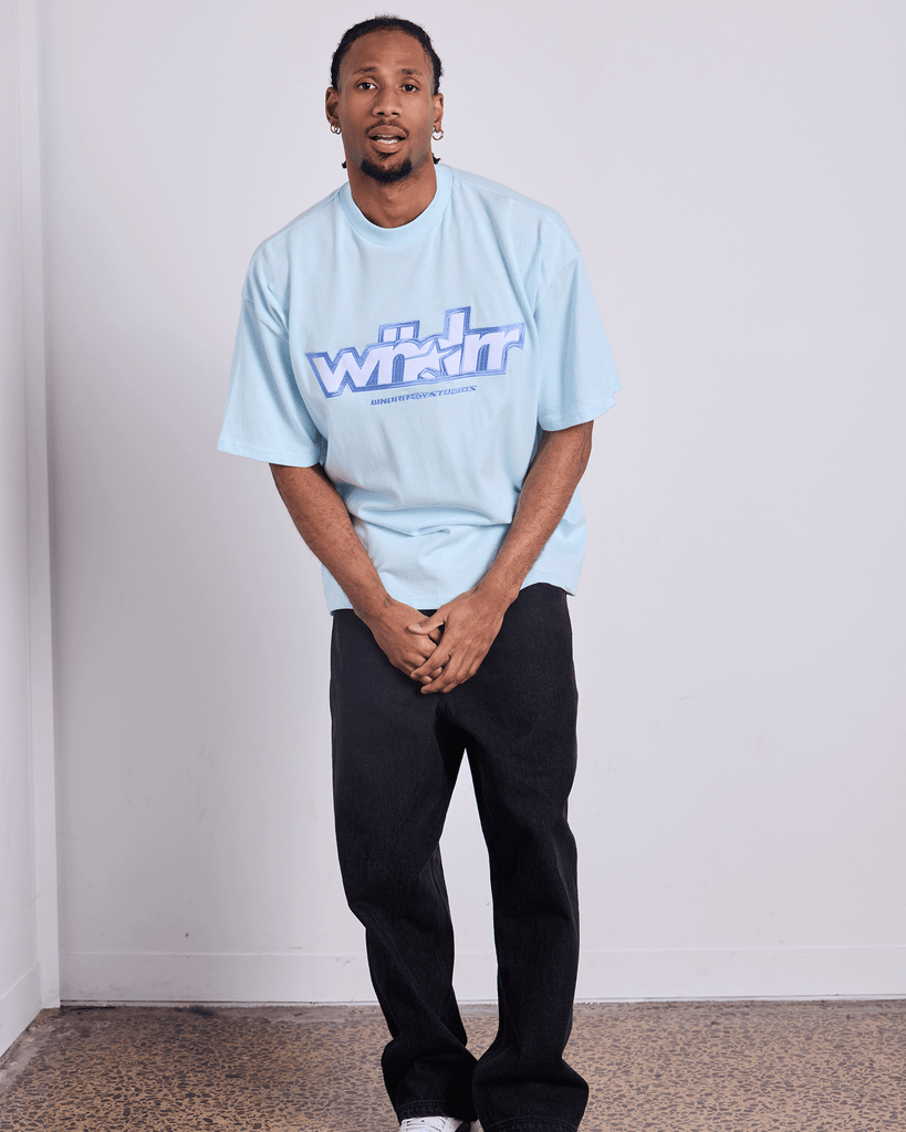 WNDRR Five Point Heavy Weight Tee Baby Blue on model back