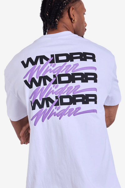 WNDRR Hexed Box Fit Tee White on model