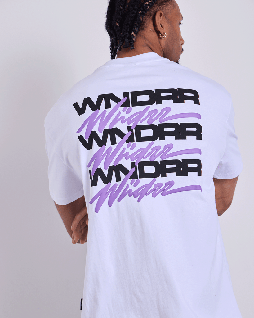 WNDRR Hexed Box Fit Tee White on model