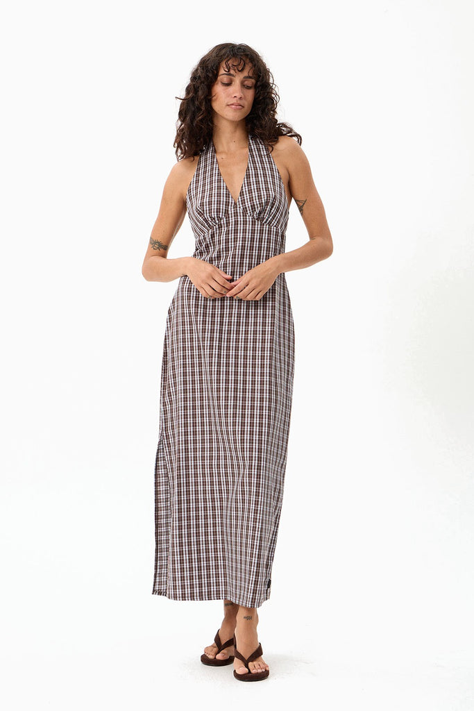 Afends Alexa - Halter Maxi Dress - Brown / Blue Check