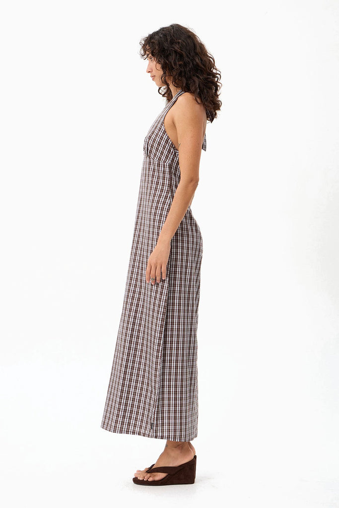 Afends Alexa - Halter Maxi Dress - Brown / Blue Check
