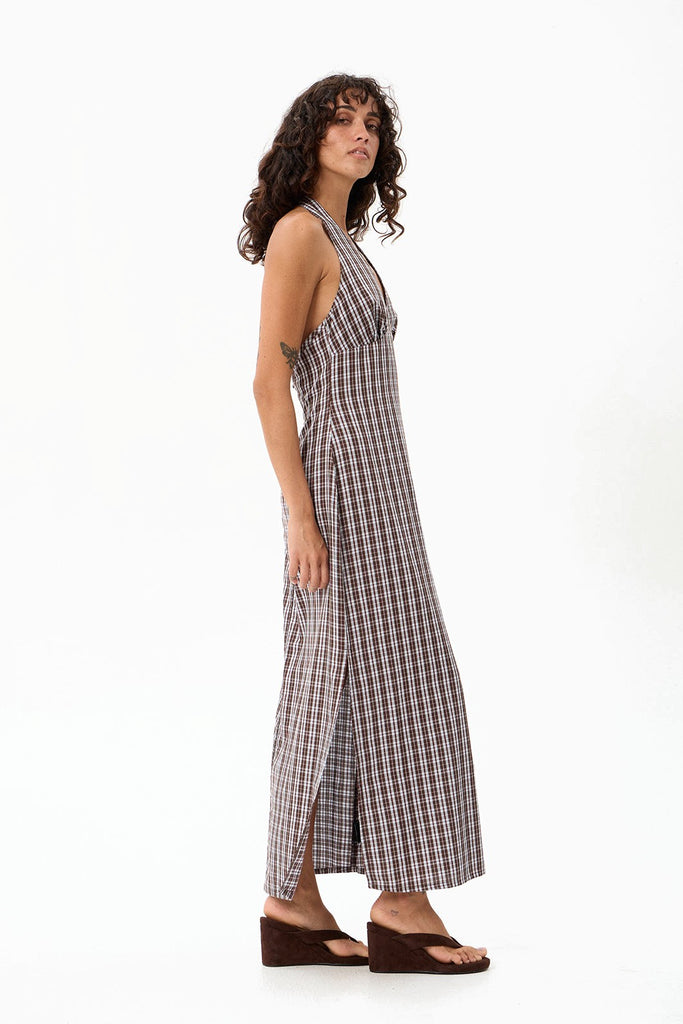 Afends Alexa - Halter Maxi Dress - Brown / Blue Check