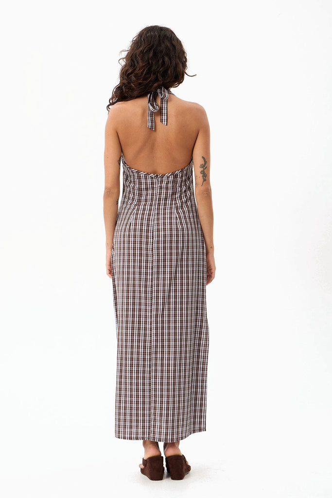 Afends Alexa - Halter Maxi Dress - Brown / Blue Check