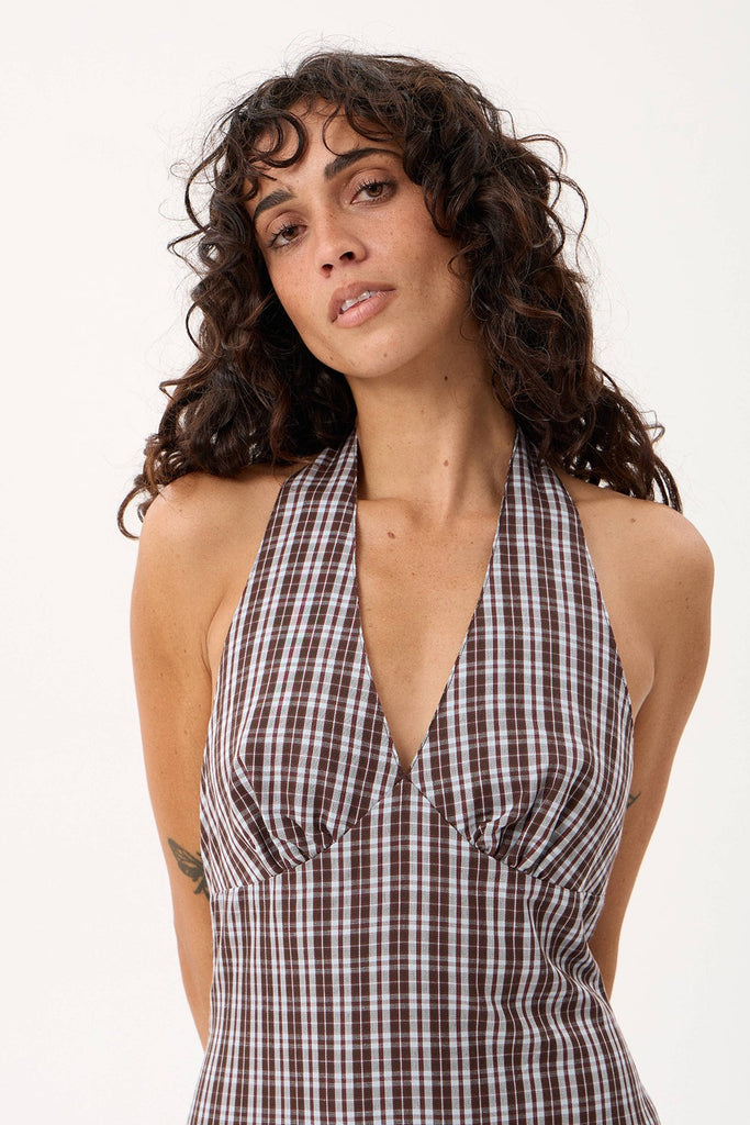 Afends Alexa - Halter Maxi Dress - Brown / Blue Check
