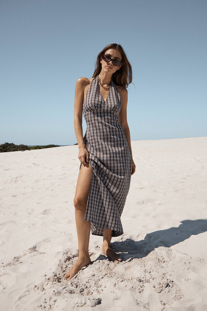 Afends Alexa - Halter Maxi Dress - Brown / Blue Check