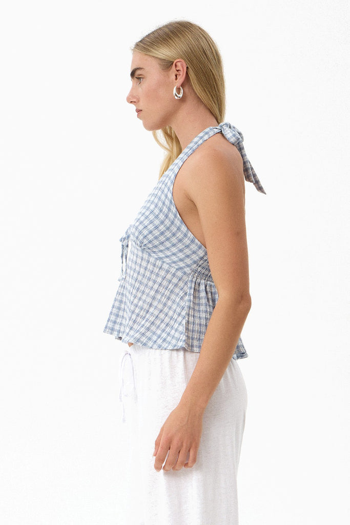 Afends Delfina - Seersucker Halter Top - Powder Blue Check