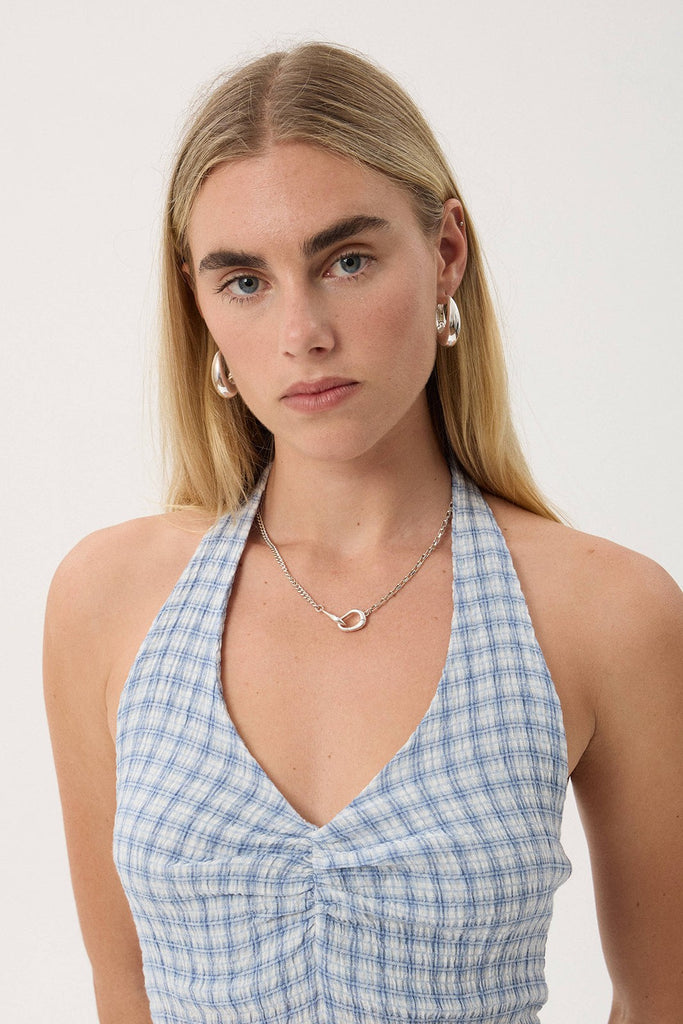 Afends Montana - Seersucker Halter Mini Dress - Powder Blue Check