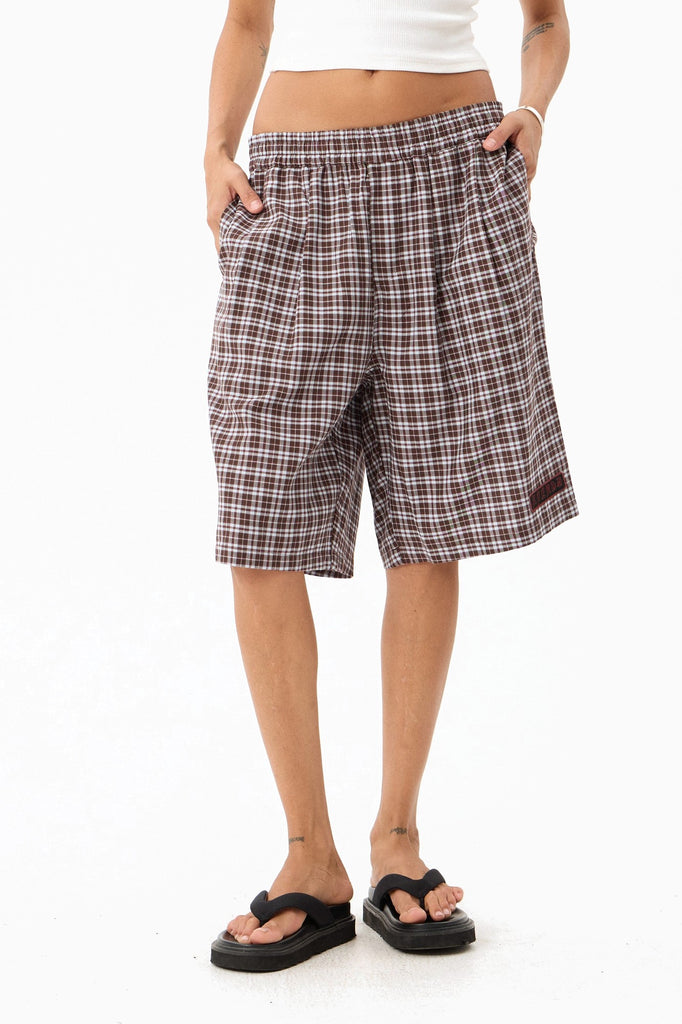 Afends Ninety Eight Leisure - Elastic Shorts 22" - Brown / Blue Check