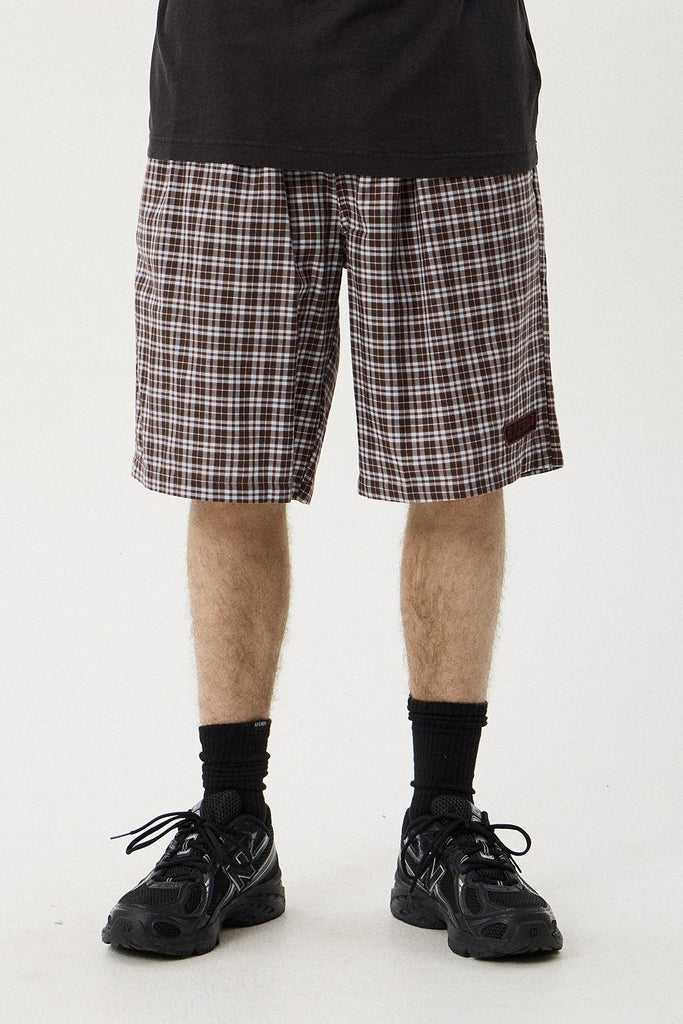 Afends Ninety Eight Leisure - Elastic Shorts 22" - Brown / Blue Check