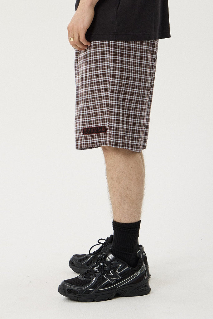 Afends Ninety Eight Leisure - Elastic Shorts 22" - Brown / Blue Check