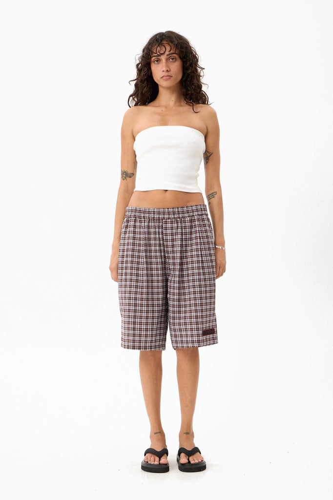 Afends Ninety Eight Leisure - Elastic Shorts 22" - Brown / Blue Check