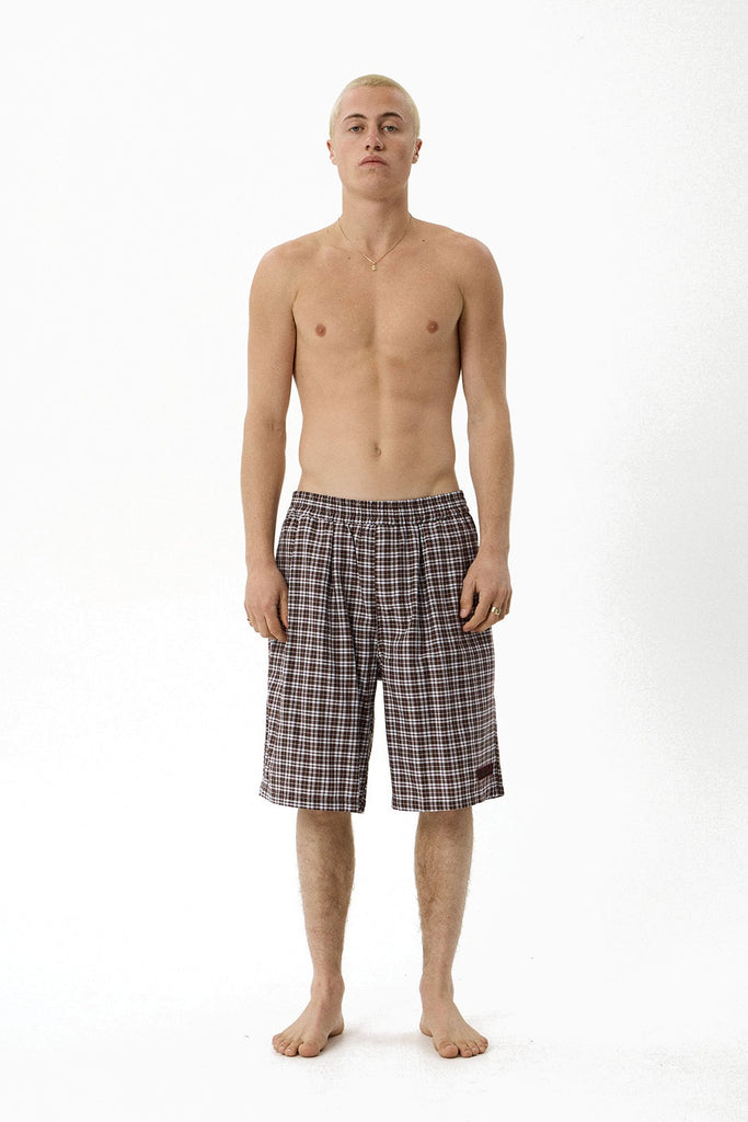 Afends Ninety Eight Leisure - Elastic Shorts 22" - Brown / Blue Check