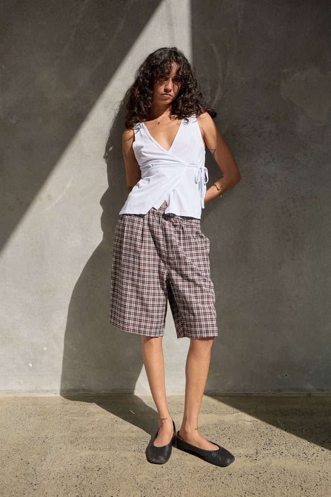 Afends Ninety Eight Leisure - Elastic Shorts 22" - Brown / Blue Check