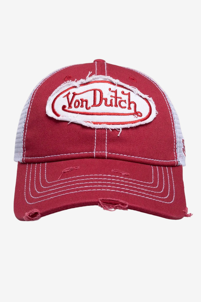 Von Dutch Destroyed Twill Trucker Snapback - Washed Red/White