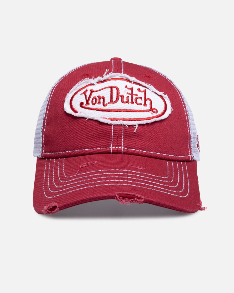 Von Dutch Destroyed Twill Trucker Snapback - Washed Red/White