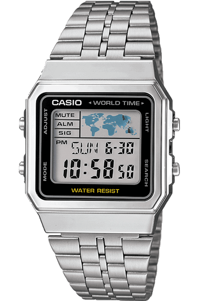 CASIO WATCHES CASIO VINTAGE A500WA-1DF WORLD TIME WATCH - SILVER/BLACK