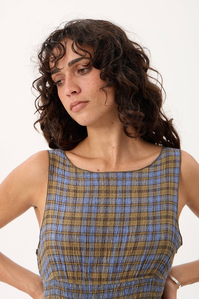 AFENDS Cedar - Seersucker Sleeveless Top - Cedar/Blue Check