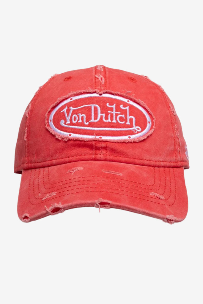 Von Dutch Destroyed Twill Embroidery Dad Cap - Washed Red, front view