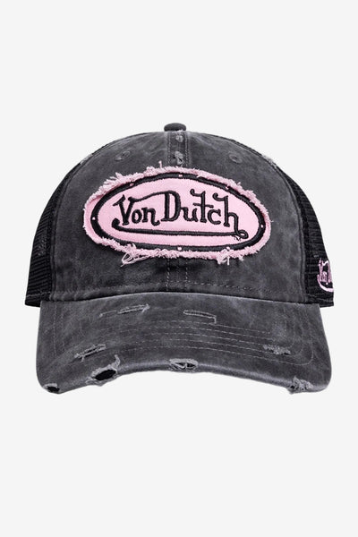 Von Dutch Distressed Trucker Hat - Black/Pink, front view