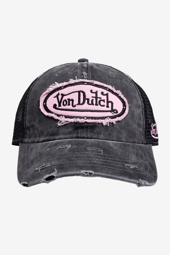 Von Dutch Distressed Trucker Hat - Black/Pink, front view