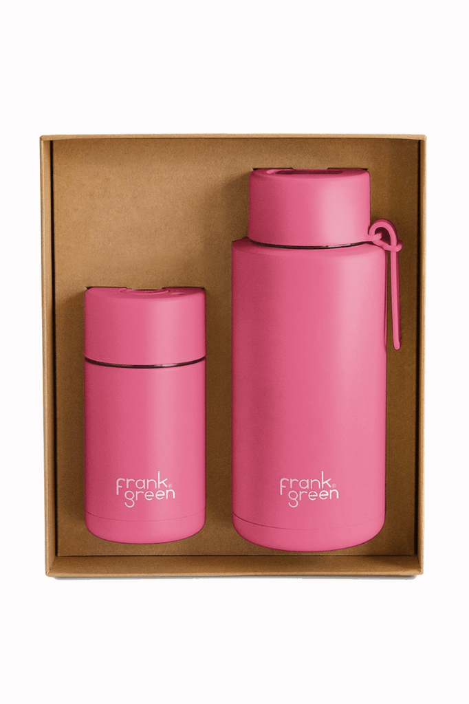 FRANK GREEN BOTTLE FRANK GREEN ESSENTIALS LARGE GIFT SET 12oz CERAMIC REUSABLE + 34oz - NEON PINK