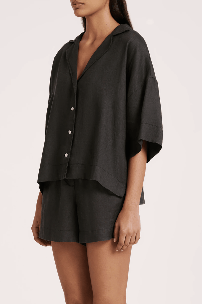 NUDE LUCY LADIES TOP NUDE LUCY LOUNGE LINEN SHIRT - COAL