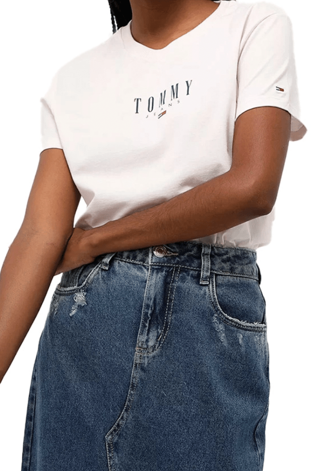 TOMMY JEANS LADIES TOPS & SHIRTS TOMMY JEANS BABY CROP ESSENTIAL LOGO 2 TEE - WHITE