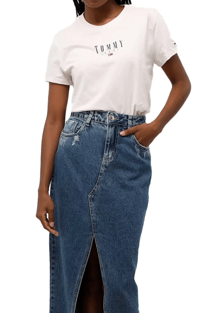 TOMMY JEANS LADIES TOPS & SHIRTS TOMMY JEANS BABY CROP ESSENTIAL LOGO 2 TEE - WHITE