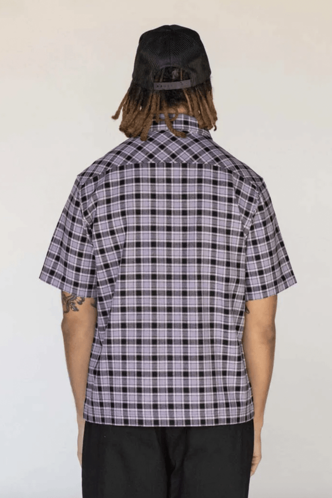 WELCOME SKATEBOARDS MENS BUTTON UP SHIRTS WELCOME SKATEBOARDS CELL WOVEN PLAID ZIP SHIRT - LAVENDER GREY