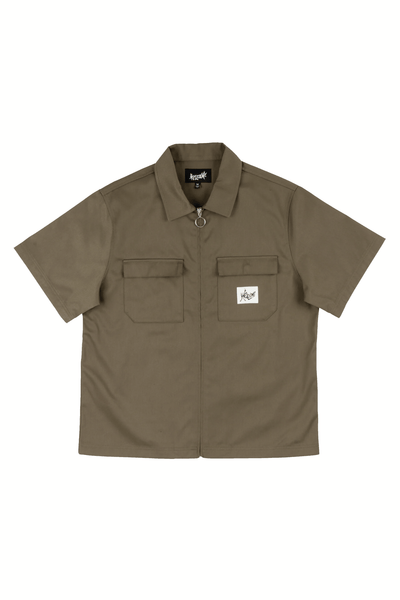 WELCOME SKATEBOARDS MENS BUTTON UP SHIRTS WELCOME SKATEBOARDS NEPHILIM ZIP TWILL WORK SHIRT - STONE