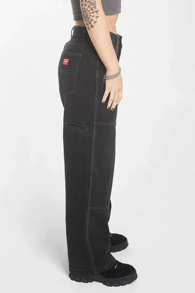 WORSHIP SUPPLIES LADIES PANTS WORSHIP SUPPLIES DOUBLE KNEE SLOUCHER JEAN - BROKEN BLACK