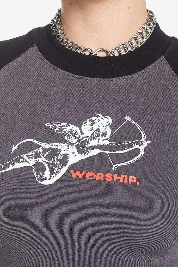 WORSHIP SUPPLIES LADIES TOPS & SHIRTS WORSHIP SUPPLIES CHERUB RAGLAN MICRO TEE - WORN BLACK