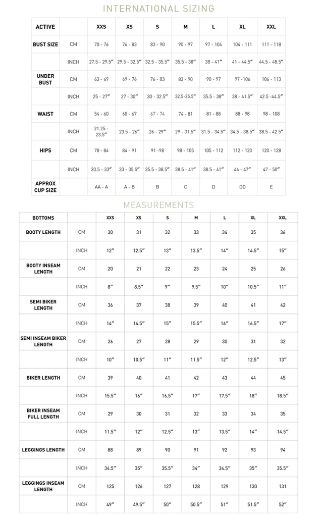 The Lahana Active size guide.