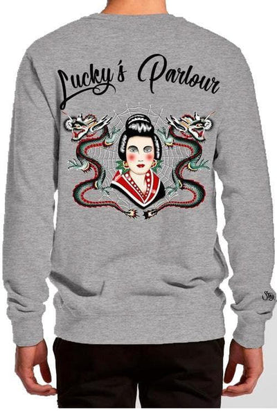 LUCKY'S PARLOUR CREW NECK LUCKY'S PARLOUR "DRAGON LADY" CREW SWEATER - GREY