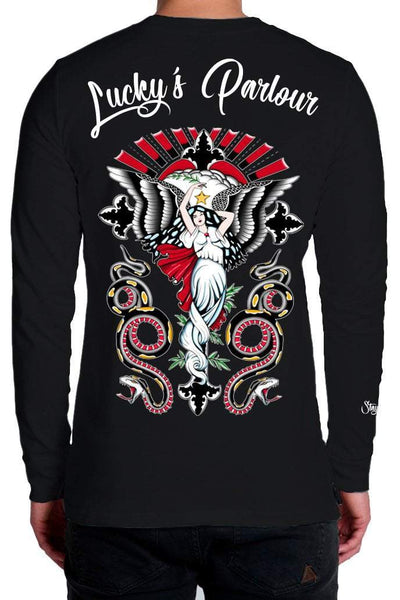 LUCKY'S PARLOUR LONGSLEEVES S LUCKY'S PARLOUR "TRAD ANGEL"  LONG SLEEVE TEE - BLACK