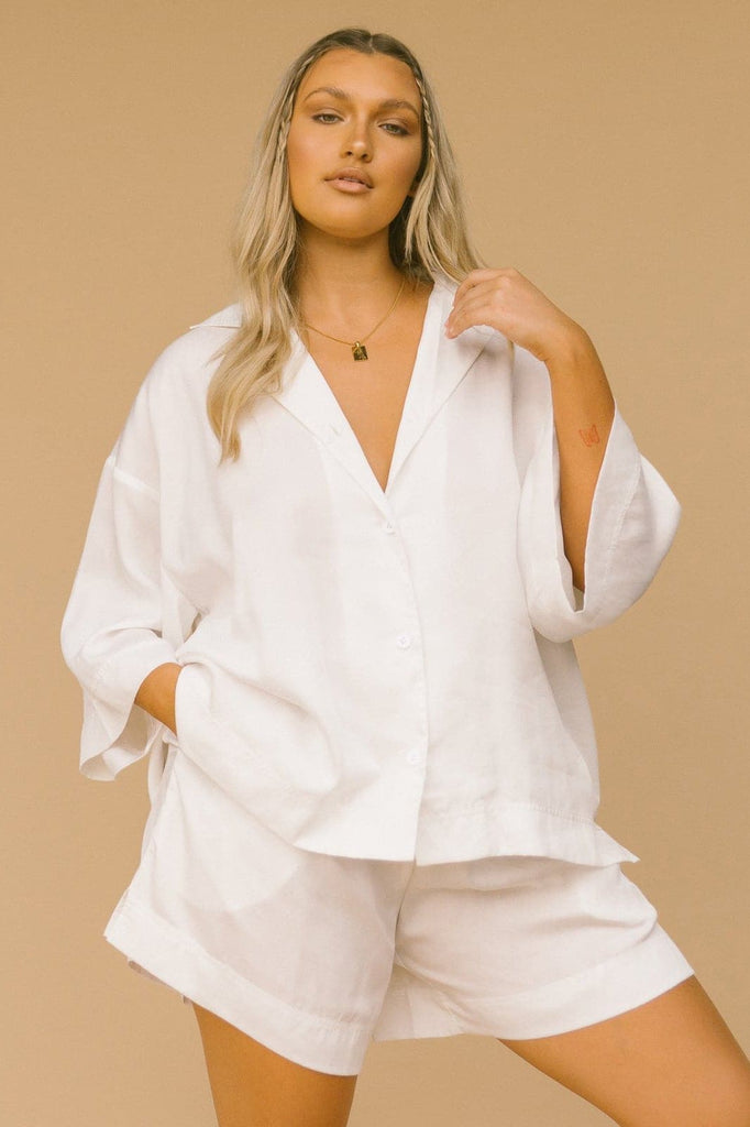 LULLABY CLUB SHORTS LULLABY CLUB LUXE LOUNGE SHIRT - WHITE