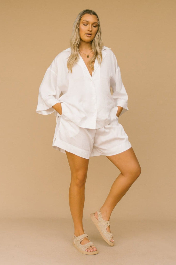 LULLABY CLUB SHORTS LULLABY CLUB LUXE LOUNGE SHIRT - WHITE