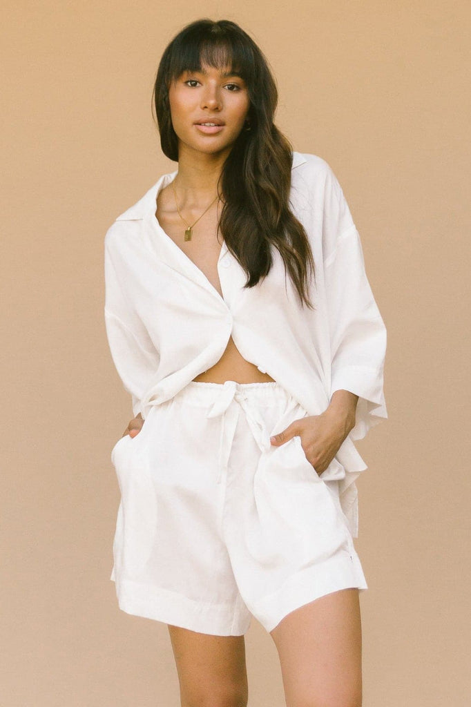 LULLABY CLUB SHORTS LULLABY CLUB LUXE LOUNGE SHIRT - WHITE