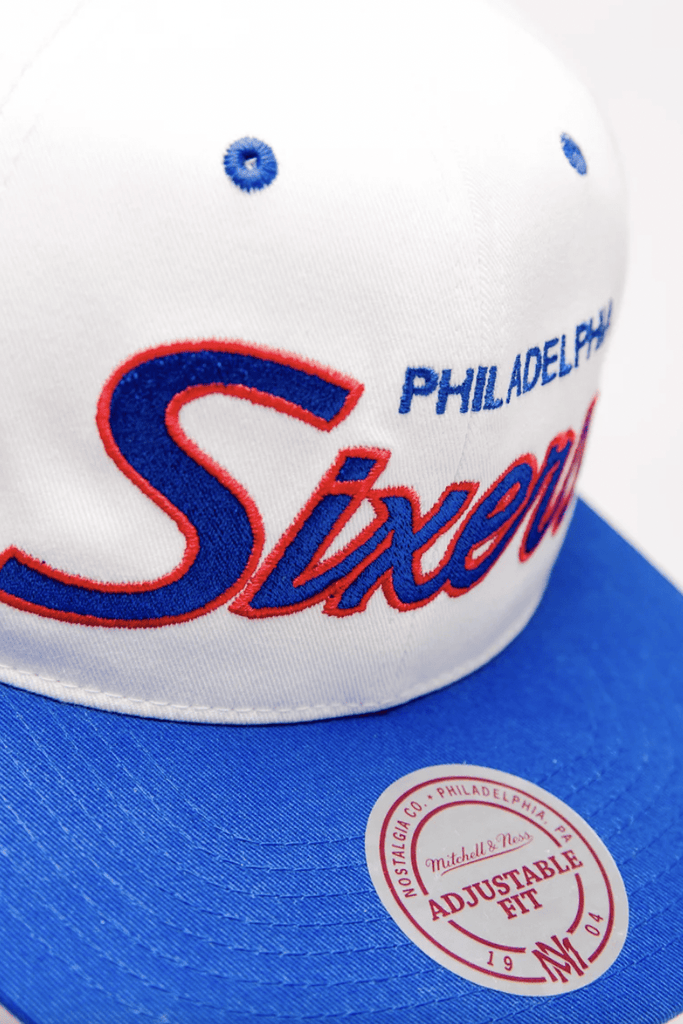 MITCHELL & NESS HEADWEAR MITCHELL & NESS SIXERS THROWBACK SNAPBACK CAP - WHITE/RED