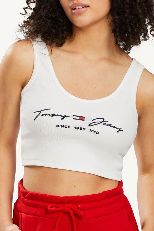 TOMMY JEANS TOPS TOMMY JEANS SCRIPT LINEAR RIB TOP - WHITE